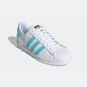 ADIDAS   SUPERSTAR WHITE & LIGHT BLUE STRIPES GOLD LADIES SNEAKER SIZE: 6 ½ NEW